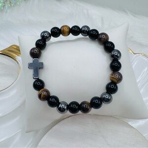 Cross Beaded Bracelet Tiger Eye Hematite Black Stone Stretch Bracelet